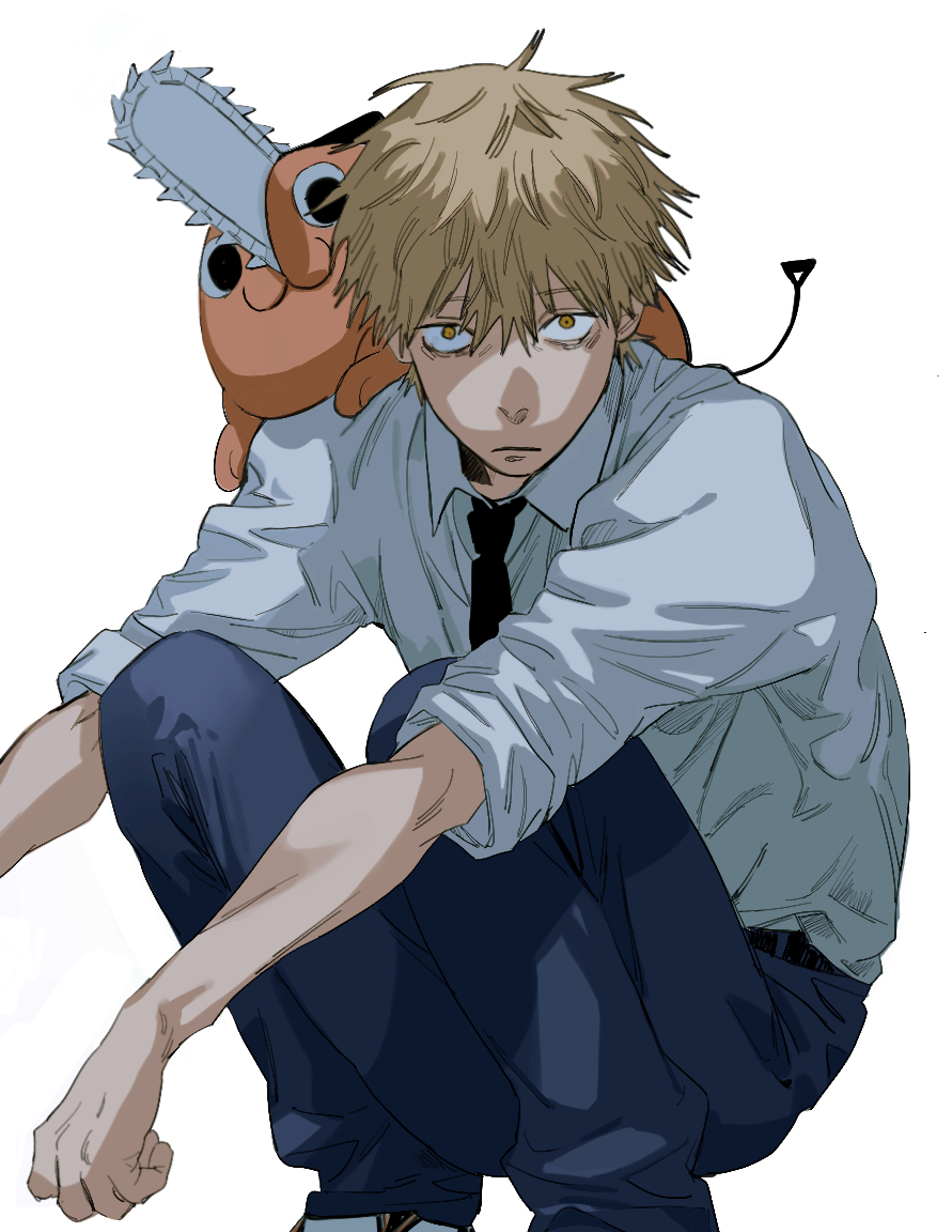1boy, 1other, :|, bags_under_eyes, belt, black_necktie, blonde_hair, blue_pants