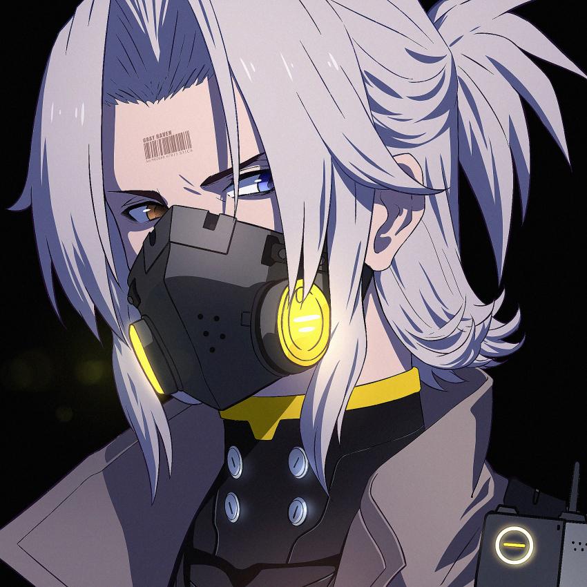 1boy, barcode, barcode_tattoo, black_background, black_bodysuit, blue_eyes, bodysuit, brown_eyes