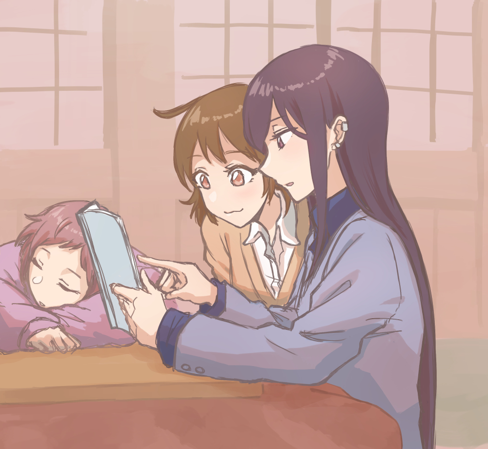 3girls, black_hair, black_jacket, blue_shirt, brown_eyes, brown_hair, brown_sweater, closed_eyes