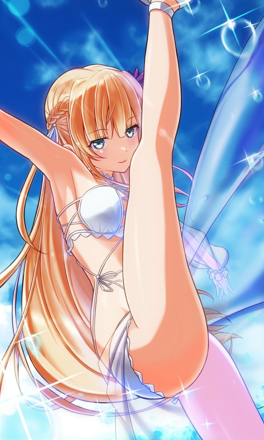 1girl, arm_up, armpits, bikini, blonde_hair, blue_sky, blunt_bangs, blush