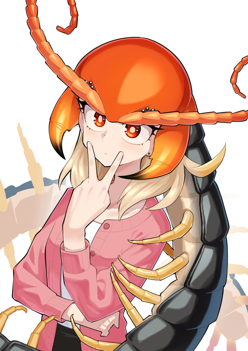 1girl, antennae, arthropod_girl, bug, cardigan, centipede, centipede_girl, centipede_maeshima