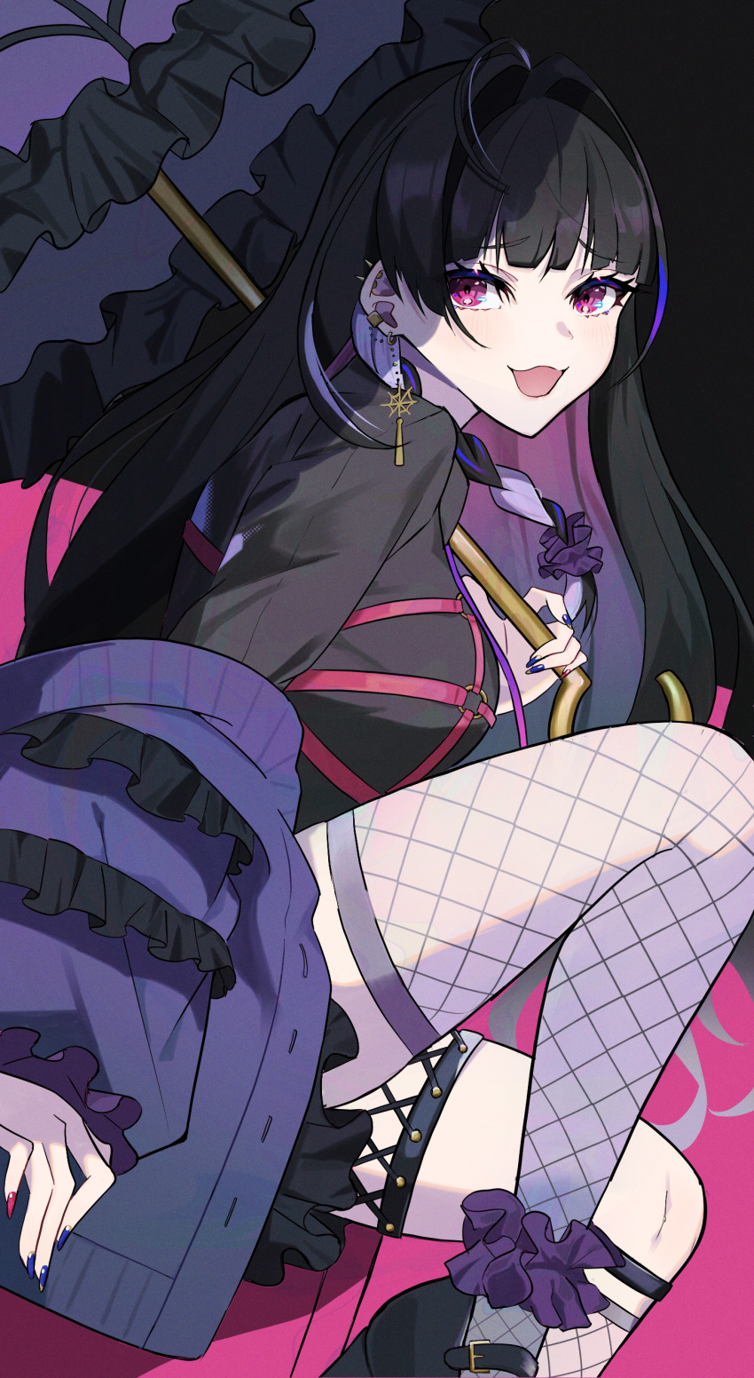 1girl, absurdres, black_hair, black_shirt, braid, earrings, fishnet_thighhighs, fishnets