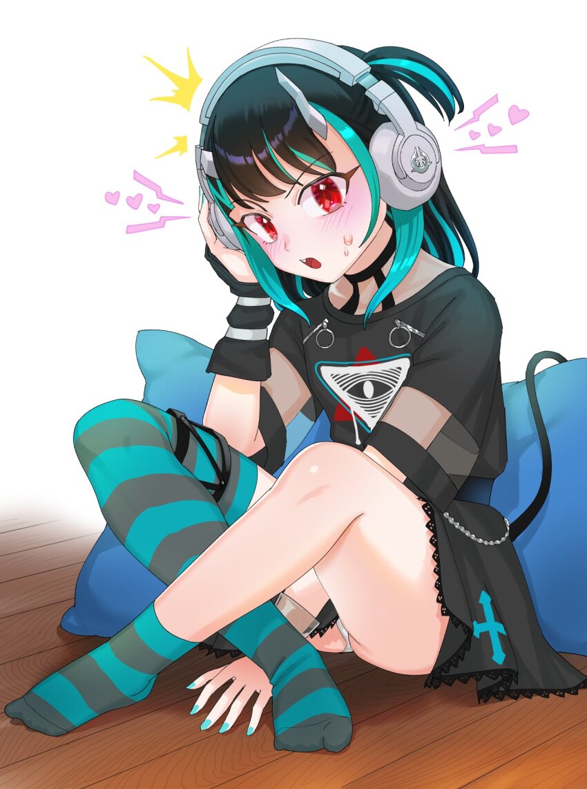 1girl, asymmetrical_legwear, belt, black_belt, black_dress, black_hair, blue_hair, blue_nails