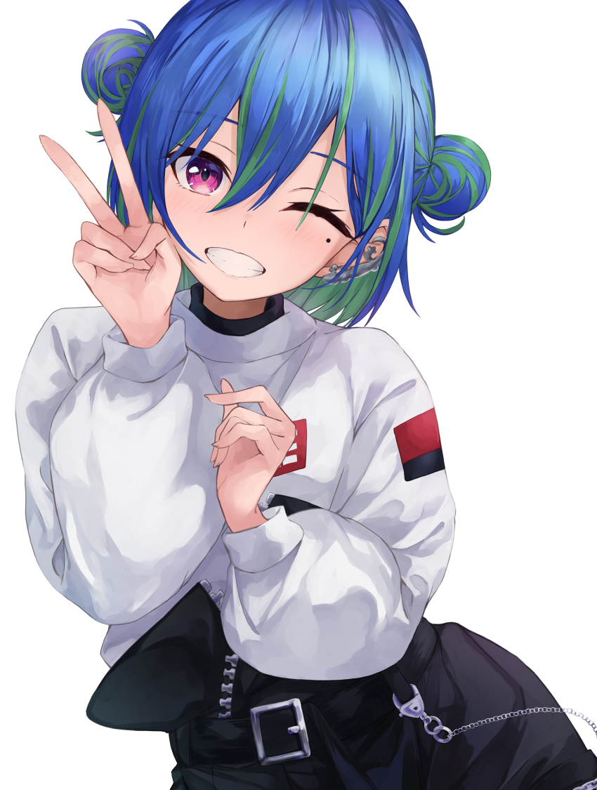 1girl, black_shorts, blue_hair, blush, chain, commentary_request, cowboy_shot, double_bun