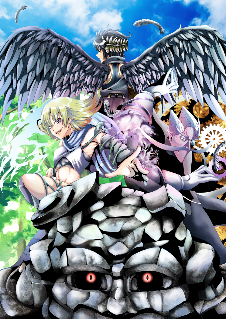 1girl, 1other, 2boys, ahoge, angel, angel_wings, arlon_(kid_icarus), black_hair, black_sclera, blonde_hair, blue_scarf, blue_sky, colored_sclera, colored_skin, commentary_request, cragalanche, dark_pit, facial_hair, feathers, kawari_mi_(4292149), kid_icarus, kid_icarus_uprising, laurel_crown, looking_at_viewer, midriff, monocle, multiple_boys, mustache, nintendo, phosphora, plant, purple_skin, red_eyes, scarf, sky, smile, vines, wings