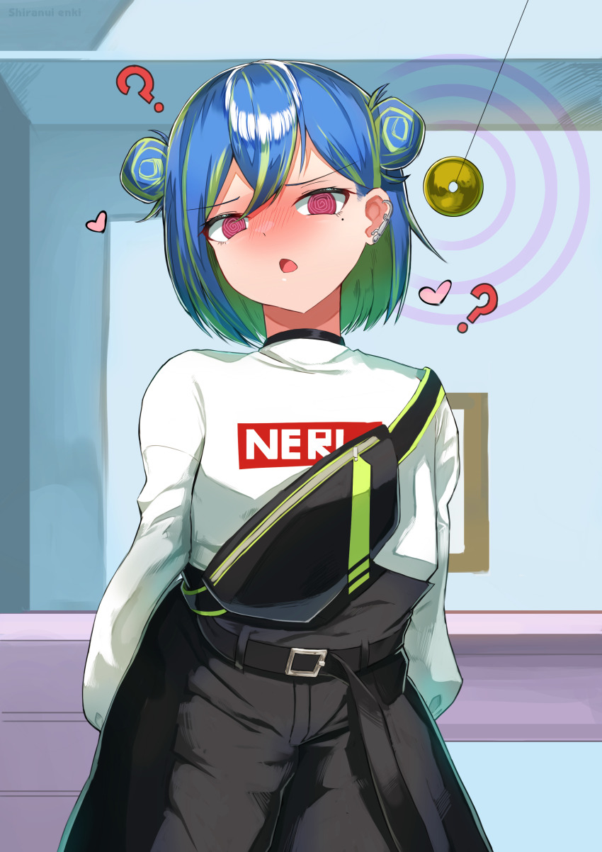 1girl, ?, @_@, absurdres, arms_behind_back, belt, black_belt, black_shorts, blue_hair, blush, coin, coin_on_string, commentary_request, cowboy_shot, double_bun, earclip, green_hair, hair_between_eyes, hair_bun, heart, high-waist_shorts, highres, holed_coin, hypnosis, long_sleeves, looking_at_viewer, mind_control, mole, mole_under_eye, multicolored_hair, nanashi_inc., nose_blush, official_alternate_costume, open_mouth, pendulum, pink_eyes, shiranui_enki, short_hair, shorts, single_strap, solo, suzumi_nemo, suzumi_nemo_(2nd_costume), sweater, two-tone_hair, virtual_youtuber, white_sweater