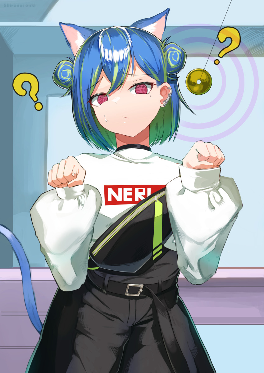 1girl, ?, @_@, absurdres, animal_ears, belt, black_belt, black_shorts, blue_hair, cat_ears, cat_girl, cat_tail, coin, coin_on_string, commentary_request, cowboy_shot, double_bun, earclip, green_hair, hair_between_eyes, hair_bun, high-waist_shorts, highres, holed_coin, hypnosis, kemonomimi_mode, long_sleeves, looking_at_viewer, mind_control, mole, mole_under_eye, multicolored_hair, nanashi_inc., official_alternate_costume, open_mouth, paw_pose, pendulum, pink_eyes, shiranui_enki, short_hair, shorts, single_strap, solo, suzumi_nemo, suzumi_nemo_(2nd_costume), sweater, tail, two-tone_hair, virtual_youtuber, white_sweater