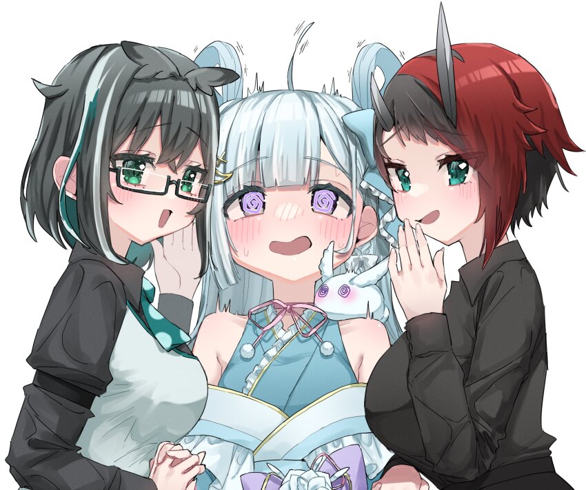 3girls, ahoge, amaui, animal, animal_on_shoulder, black_hair, black_shirt, blue_bow