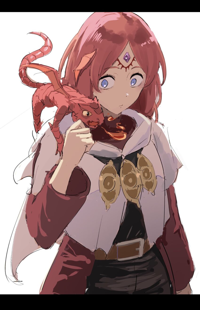 1girl, animal, animal_on_shoulder, belt, belt_buckle, black_clover, black_dress, breath_weapon