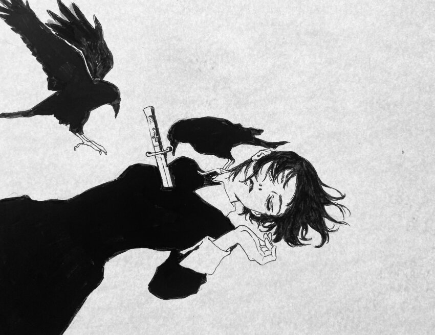 1girl, bird, closed_eyes, closed_mouth, commentary_request, crow, death, dress