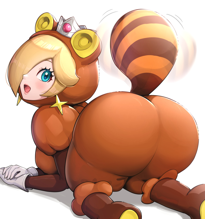1girl, :d, absurdres, all_fours, animal_ears, ass, blonde_hair, blue_eyes, boots, breasts, brown_boots, crown, earrings, feet_out_of_frame, from_behind, gloves, gonzarez, hair_over_one_eye, highres, jewelry, lips, mario_(series), medium_breasts, nintendo, open_mouth, raccoon_ears, raccoon_tail, rosalina, simple_background, smile, solo, star_(symbol), star_earrings, super_leaf, super_leaf_(transformation), super_mario_3d_world, tail, tanuki, tanuki_rosalina, white_background, white_gloves
