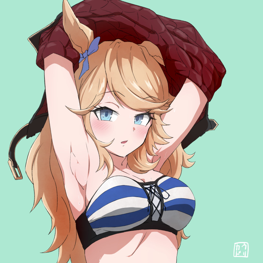 1girl, absurdres, animal_ears, armpits, arms_up, bandeau, bare_shoulders, blonde_hair