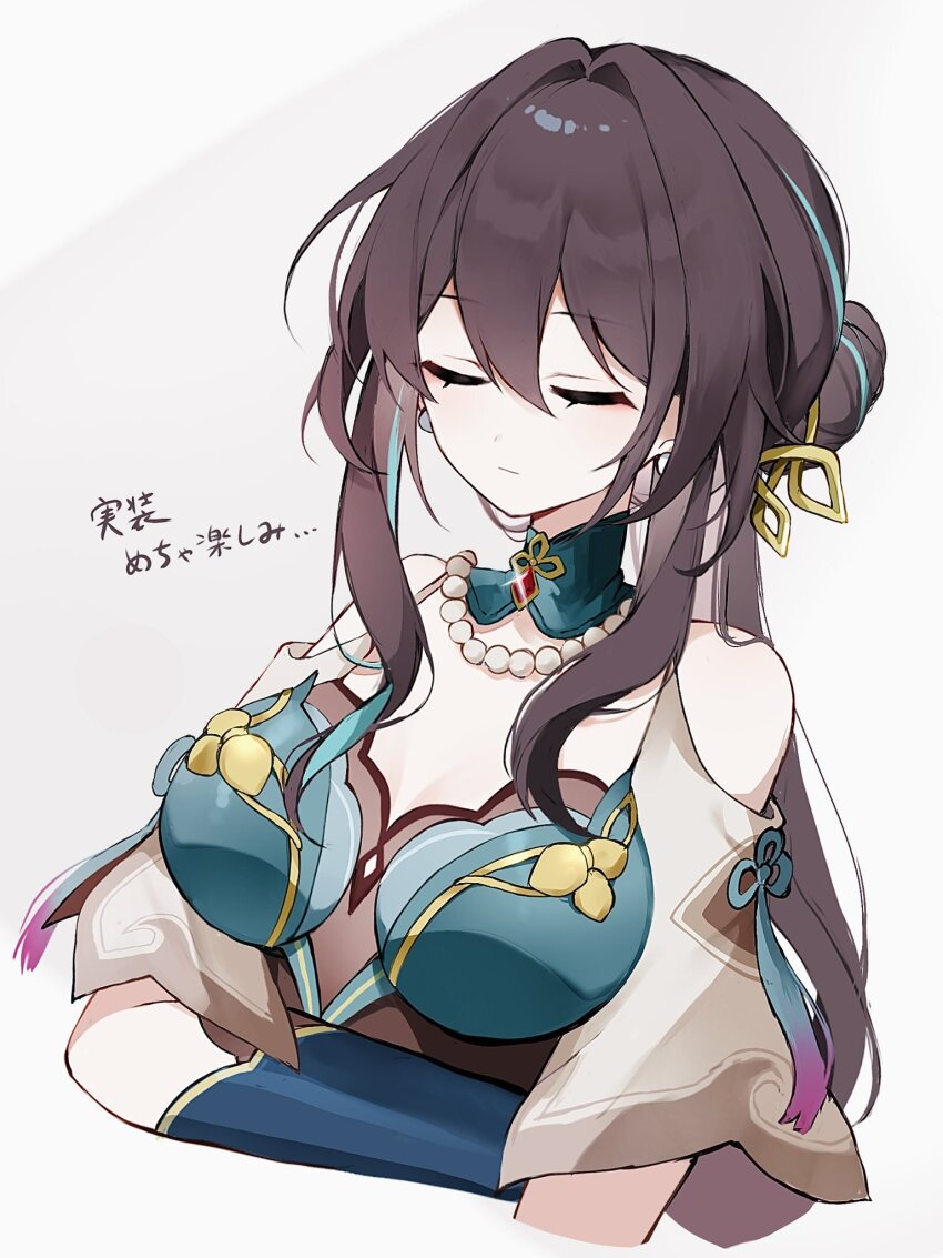 1girl, bare_shoulders, bead_necklace, beads, black_hair, breasts, cleavage, closed_eyes