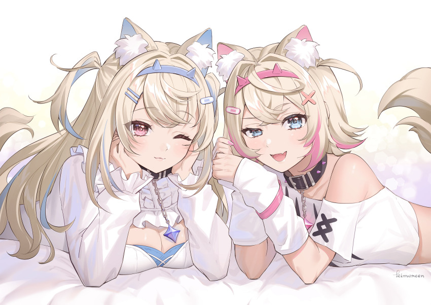 2girls, ;3, animal_collar, animal_ear_fluff, animal_ears, arm_warmers, bandaid, bandaid_hair_ornament