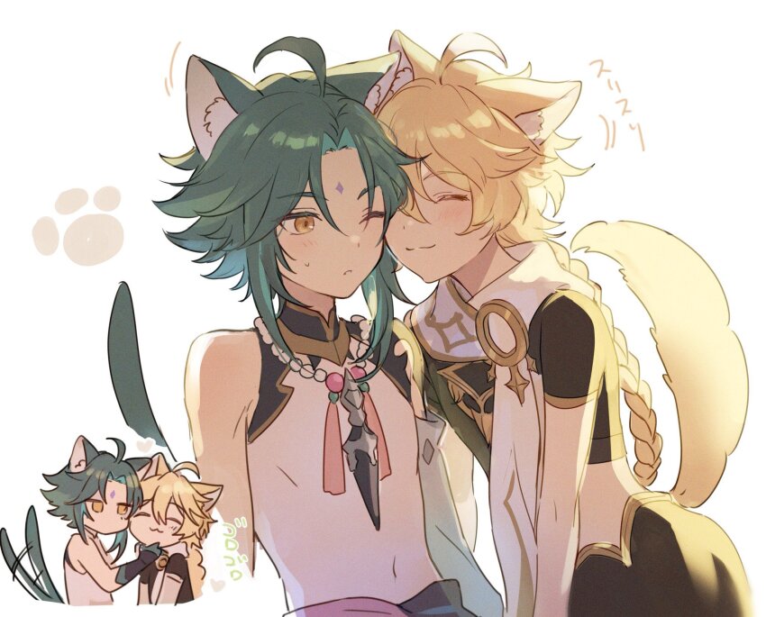 2boys, :3, aether_(genshin_impact), ahoge, animal_ear_fluff, animal_ears, bead_necklace, beads
