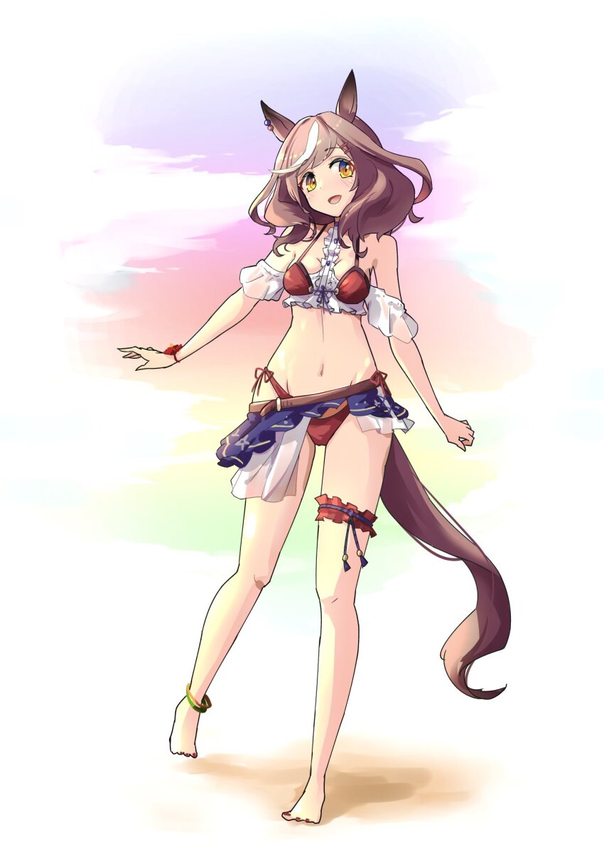 1girl, alternate_costume, animal_ears, bare_shoulders, barefoot, between_breasts, blush, breasts