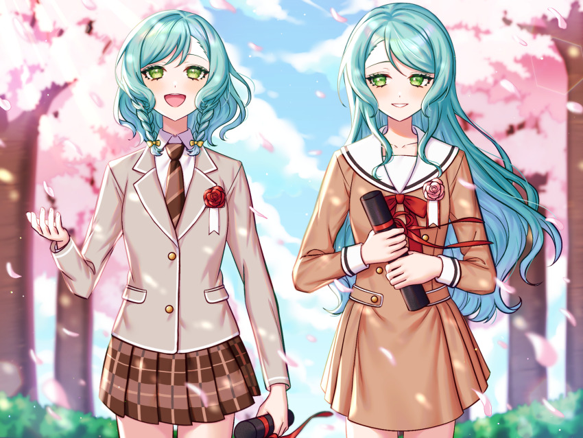 2girls, aqua_hair, bang_dream!, bang_dream!_girls_band_party!, blazer, bow, braid, brown_dress