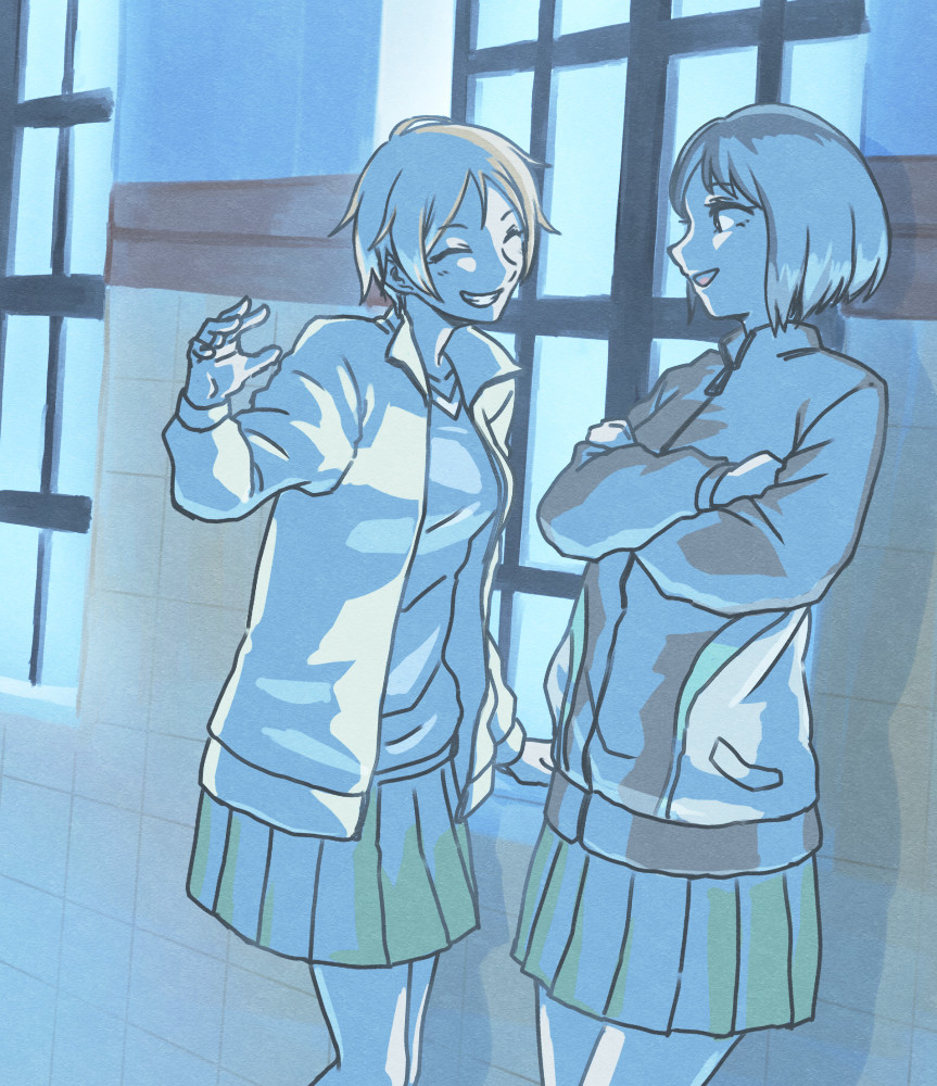 amishima_matsuri, closed_eyes, commentary_request, crossed_arms, gari, hand_up, inamoto_miyu, jacket, looking_at_another, okujou_no_yurirei-san, open_mouth, partially_colored, pleated_skirt, short_hair, skirt, smile, sweater, track_jacket, yuri