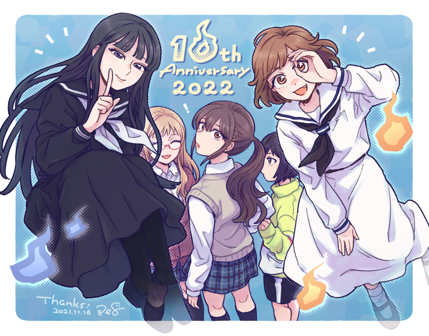 5girls, anniversary, ano_fuji, black_dress, black_hair, black_neckerchief, black_pantyhose, black_sailor_collar