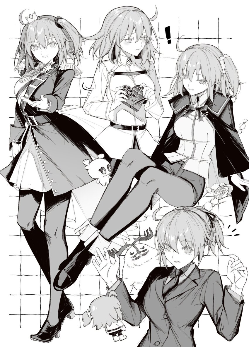 1girl, ahoge, aranami73, box, candy, cape, cernunnos_(fate), chaldea_uniform