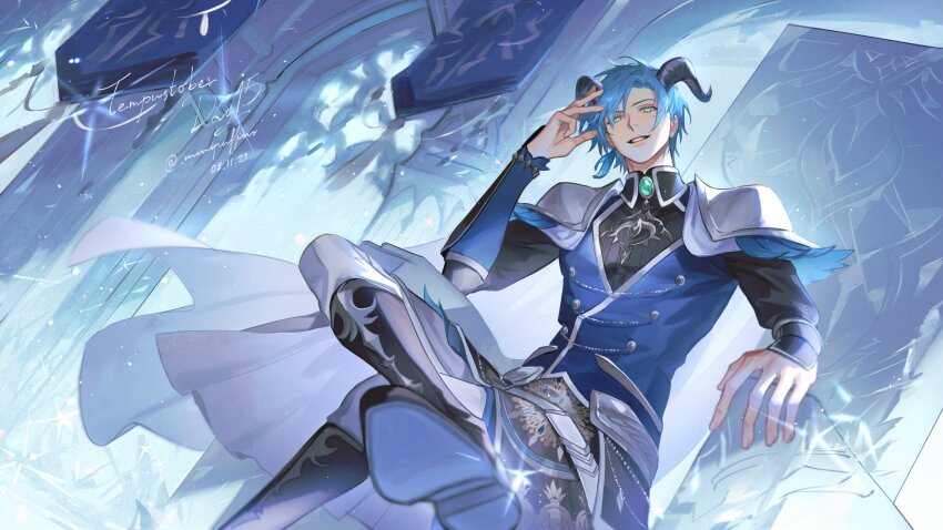 1boy, absurdres, arm_guards, armor, artist_name, black_shirt, blue_coat, blue_hair