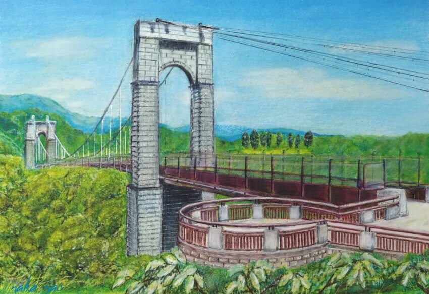 balcony, blue_sky, brick, bridge, cable, cloud, cloudy_sky, colored_pencil_(medium)