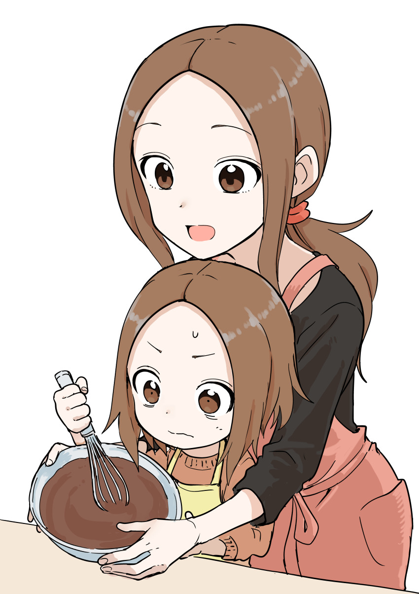 2girls, absurdres, apron, black_shirt, bowl, brown_eyes, brown_hair, forehead