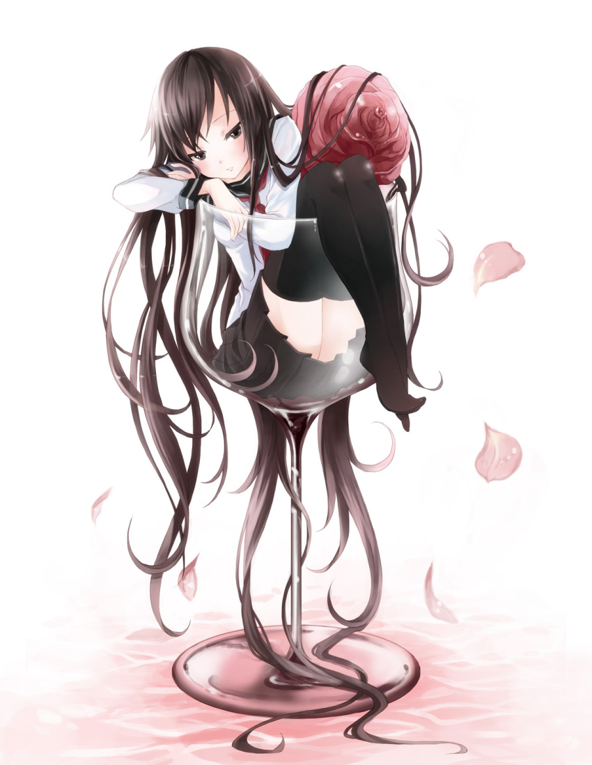 1girl, alcohol, black_eyes, black_hair, black_thighhighs, champagne, cup, drinking_glass