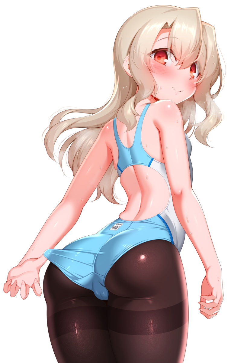 1girl, black_pantyhose, blonde_hair, blue_one-piece_swimsuit, blush, breasts, closed_mouth, competition_swimsuit