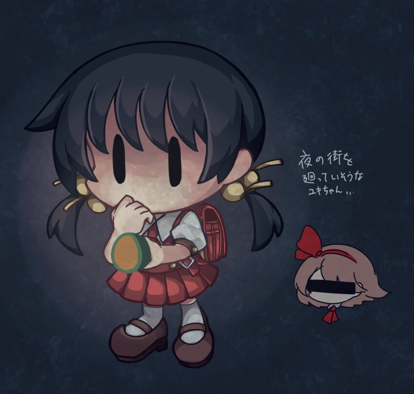 2girls, agpgwm, backpack, bag, bar_censor, black_eyes, black_hair, brown_footwear