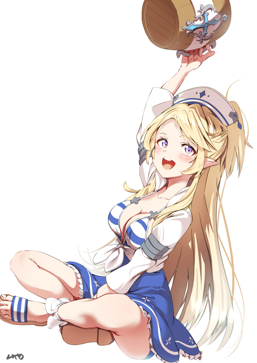 1girl, :d, absurdres, arm_up, bikini, blonde_hair, blue_skirt, breasts