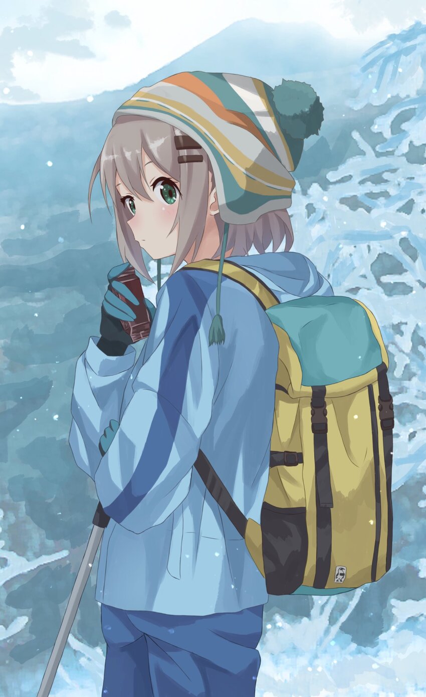 1girl, backpack, bag, blue_pants, blush, chinosuke_(cs4126), closed_mouth, female_focus