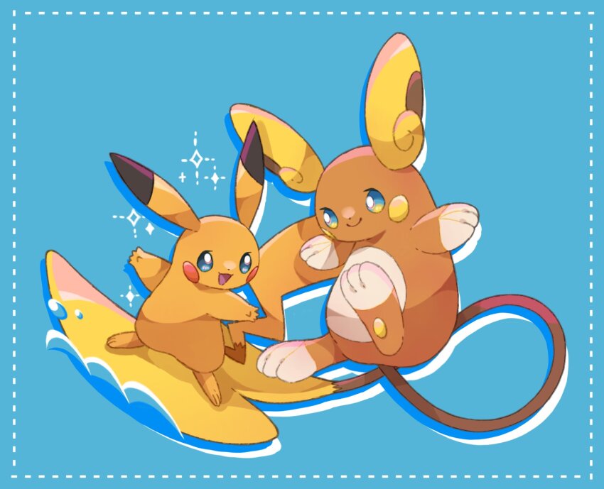 alolan_form, alolan_raichu, animal_feet, animal_hands, blue_background, blue_eyes, commentary_request, dot_nose