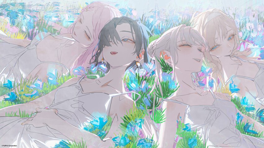 4girls, ami_shido_(crymachina), black_hair, blonde_hair, blue_eyes, braid, closed_eyes, crymachina, double_bun, dress, earrings, enoa_(crymachina), eyeshadow, grass, grey_eyes, grey_hair, hair_bun, hairband, highres, jewelry, leben_distel_(crymachina), long_hair, makeup, medium_hair, mikoto_sengiku_(crymachina), multiple_girls, official_art, on_ground, open_mouth, parted_lips, pink_hair, rolua, second-party_source, side_braid, suspenders, teeth, twintails, upper_teeth_only, white_dress, yuri