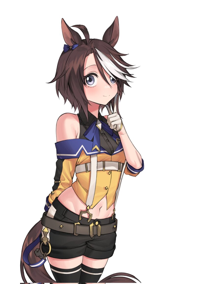 1girl, ahoge, animal_ears, bare_shoulders, black_shorts, black_thighhighs, blue_bow, blue_bowtie, blue_ribbon, bow, bowtie, brown_hair, commentary, cowboy_shot, ear_bow, fukuro_(maruaru00), gloves, grey_eyes, groin, hair_over_one_eye, highres, horse_ears, horse_girl, index_finger_raised, isla_bonita_(racehorse), jacket, looking_at_viewer, midriff, multicolored_hair, navel, off-shoulder_jacket, off_shoulder, original, ribbon, short_hair, shorts, simple_background, solo, streaked_hair, suspender_shorts, suspenders, thighhighs, umamusume, white_background, white_gloves, white_hair, yellow_jacket