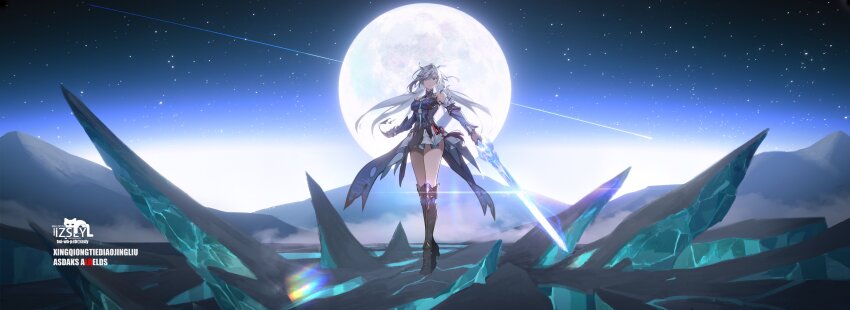 1girl, absurdres, bare_shoulders, black_gloves, blue_sleeves, chinese_clothes, detached_sleeves, full_moon