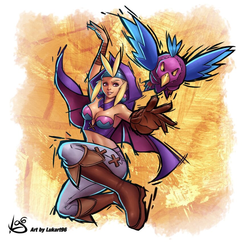 1girl, bare_shoulders, beak, bird, blonde_hair, breasts, cleavage, crop_top