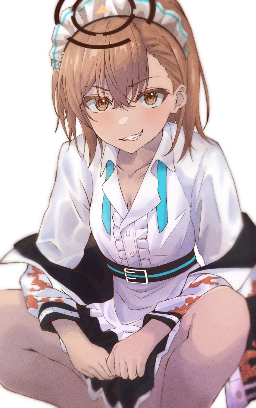 1girl, absurdres, black_halo, blue_archive, brown_eyes, brown_hair, clothes_down, collarbone