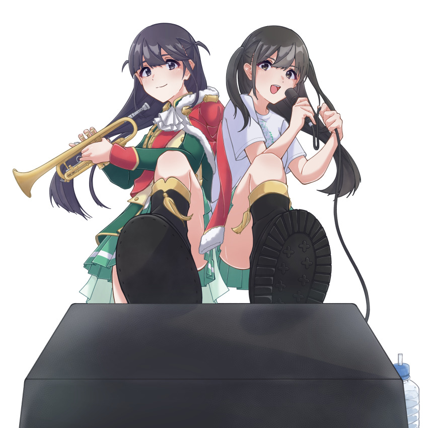 2girls, :d, absurdres, ascot, black_eyes, black_footwear, black_hair, boots