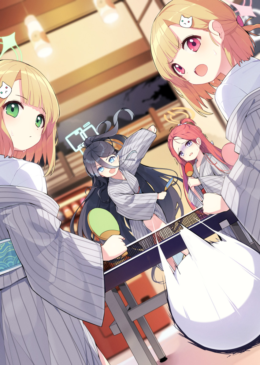 4girls, aris_(blue_archive), ball, bath_yukata, black_hair, blonde_hair, blue_archive, blue_eyes