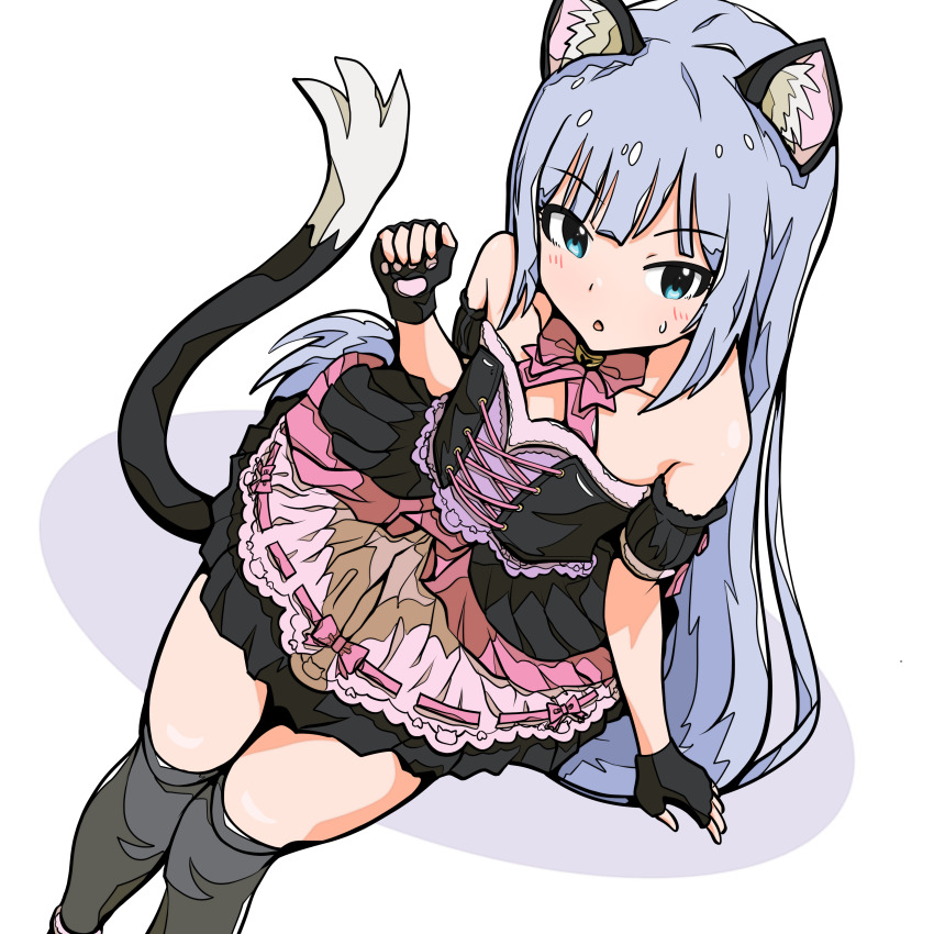 1girl, absurdres, animal_ear_fluff, animal_ears, arm_support, bare_shoulders, bell, black_gloves