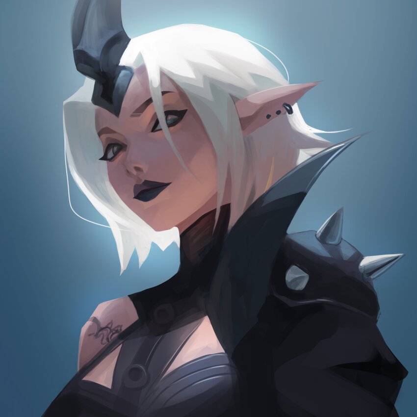 1girl, absurdres, alternate_costume, alternate_hair_color, alternate_hair_length, alternate_hairstyle, black_lips, breasts