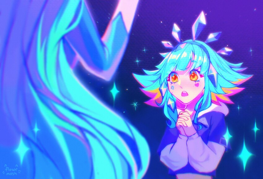 2girls, brown_hair, crop_top, green_hair, hairband, heart, highres, k/da_all_out_seraphine_superstar