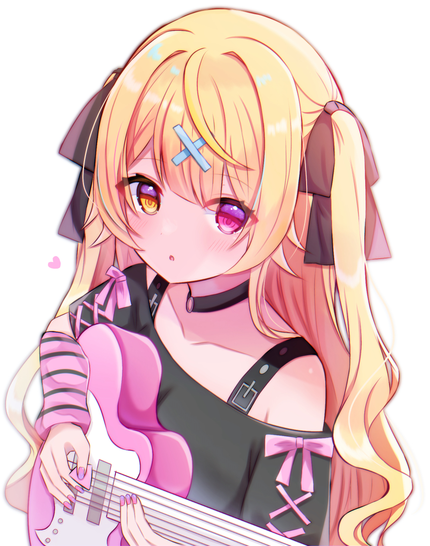 1girl, :o, absurdres, bass_guitar, black_ribbon, black_shirt, blonde_hair, detached_sleeves