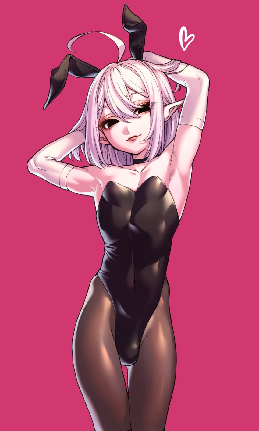 1boy, ahoge, androgynous, animal_ears, arms_up, black_choker, black_eyes, black_leotard