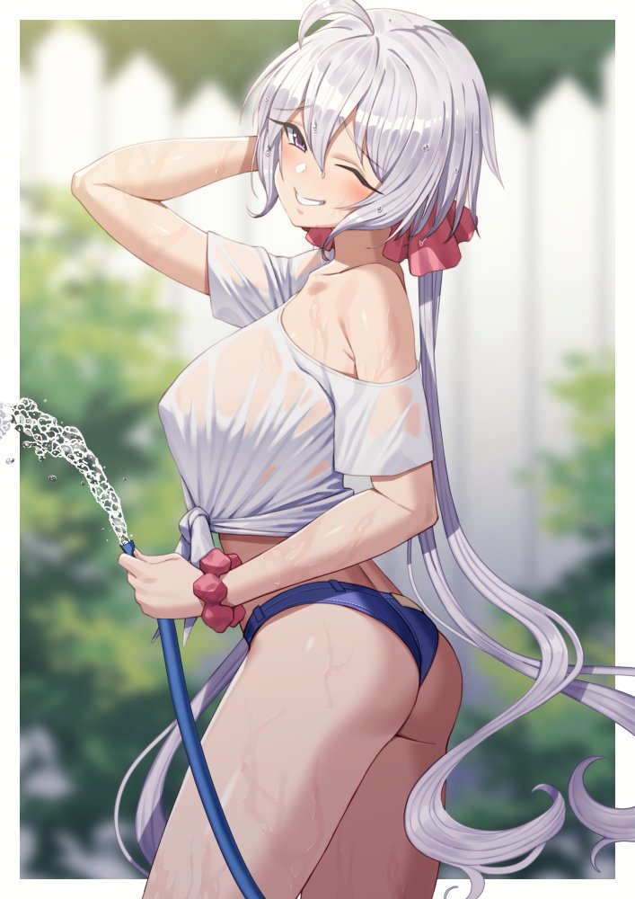 1girl, ;), ass, blue_shorts, blurry, blurry_background, breasts, fence, from_side, grey_hair, hair_between_eyes, holding, holding_hose, hose, large_breasts, long_hair, looking_at_viewer, low_twintails, midriff, off-shoulder_shirt, off_shoulder, one_eye_closed, outdoors, parted_lips, pink_scrunchie, purple_eyes, scrunchie, senki_zesshou_symphogear, shirt, short_shorts, shorts, smile, solo, tied_shirt, tsukamoto_kensuke, twintails, very_long_hair, water, wet, wet_clothes, wet_hair, wet_shirt, white_shirt, wooden_fence, wrist_scrunchie, yukine_chris