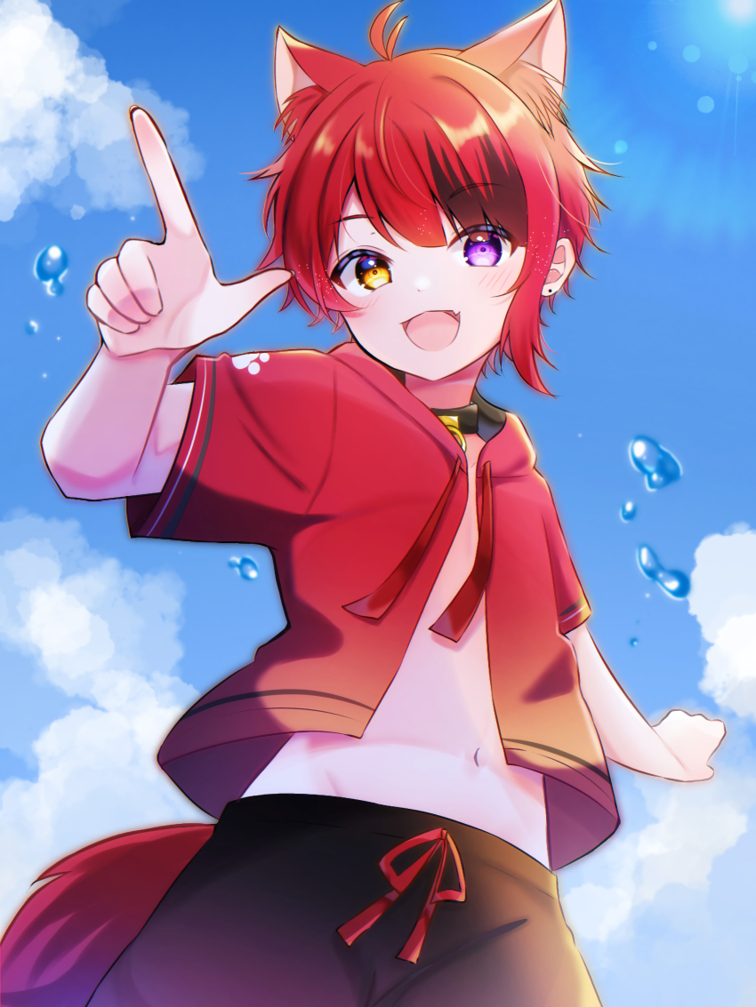 1boy, absurdres, animal_ears, black_male_swimwear, dog_boy, dog_ears, fang, gumi_(framboise_5204)