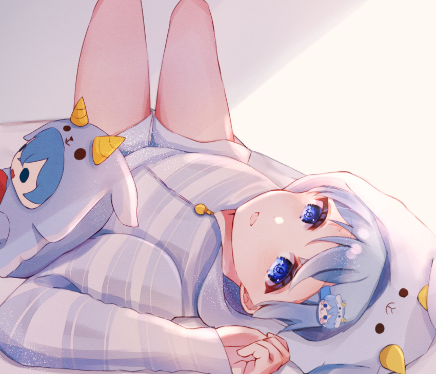 1boy, bare_legs, blue_eyes, blue_hair, blue_hood, blue_pajamas, colon_(stpri), gumi_(framboise_5204)