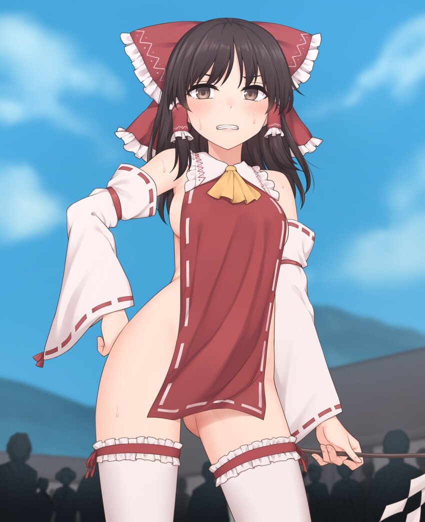 1girl, adapted_costume, ascot, bare_shoulders, blush, bow, breasts, brown_eyes, brown_hair, clenched_teeth, commentary_request, contrapposto, detached_sleeves, eyebrows_hidden_by_hair, fingernails, frilled_bow, frilled_hair_tubes, frilled_shirt_collar, frills, gluteal_fold, gohei, hair_bow, hair_tubes, hakurei_reimu, hand_on_own_hip, highres, holding, holding_gohei, holding_stick, long_hair, long_sleeves, midriff, miyo_(ranthath), naked_tabard, no_bra, no_panties, people, red_bow, red_garter_straps, small_breasts, solo_focus, stick, tabard, teeth, thigh_gap, touhou, wide_sleeves, yellow_ascot