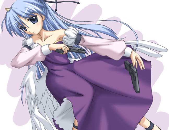 1girl, angel_wings, bare_shoulders, blue_eyes, blue_hair, claudia_(shinrabanshou), detached_sleeves, female_focus, gun, half_updo, handgun, karin_tou, long_hair, matching_hair/eyes, pistol, ribbon, shinrabanshou, solo, weapon, wings